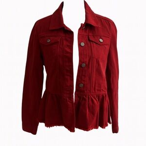 Miami Dark Red Denim Jacket Women’s Medium – Peplum Hem with Fringe Trim